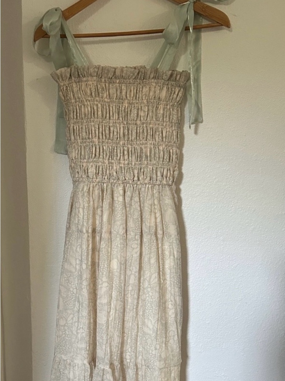Nordstrom Smocked Bodice Cream Floral Midi Dress with Sage Tie Straps and print
